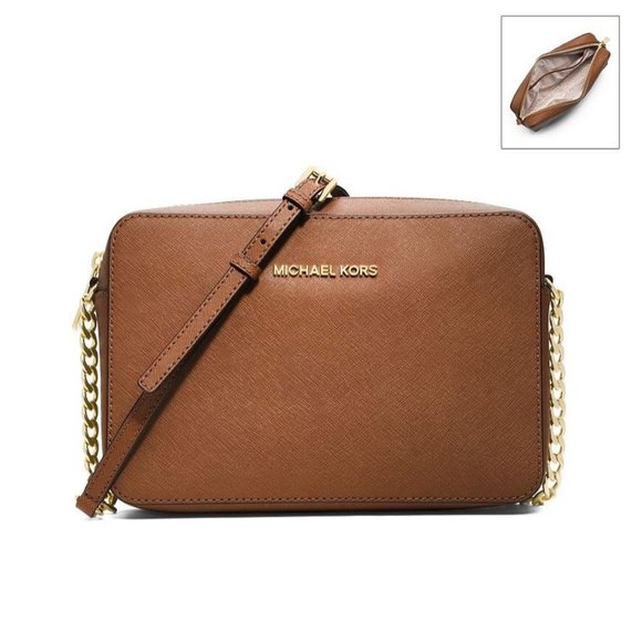 NWT MICHAEL Kors Jet Set Large Saffiano Leather Crossbody Bag Luggage BROWN AUTH